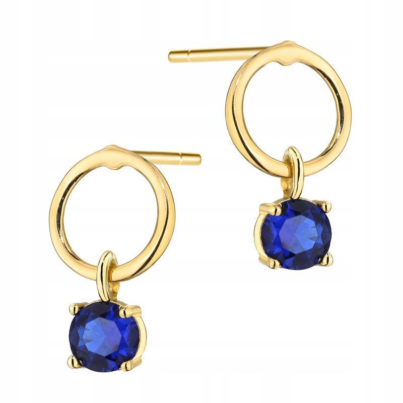 Krásné Zlaté Náušnice pr. 585 Kolečka s visící modrou zirkonií 14k