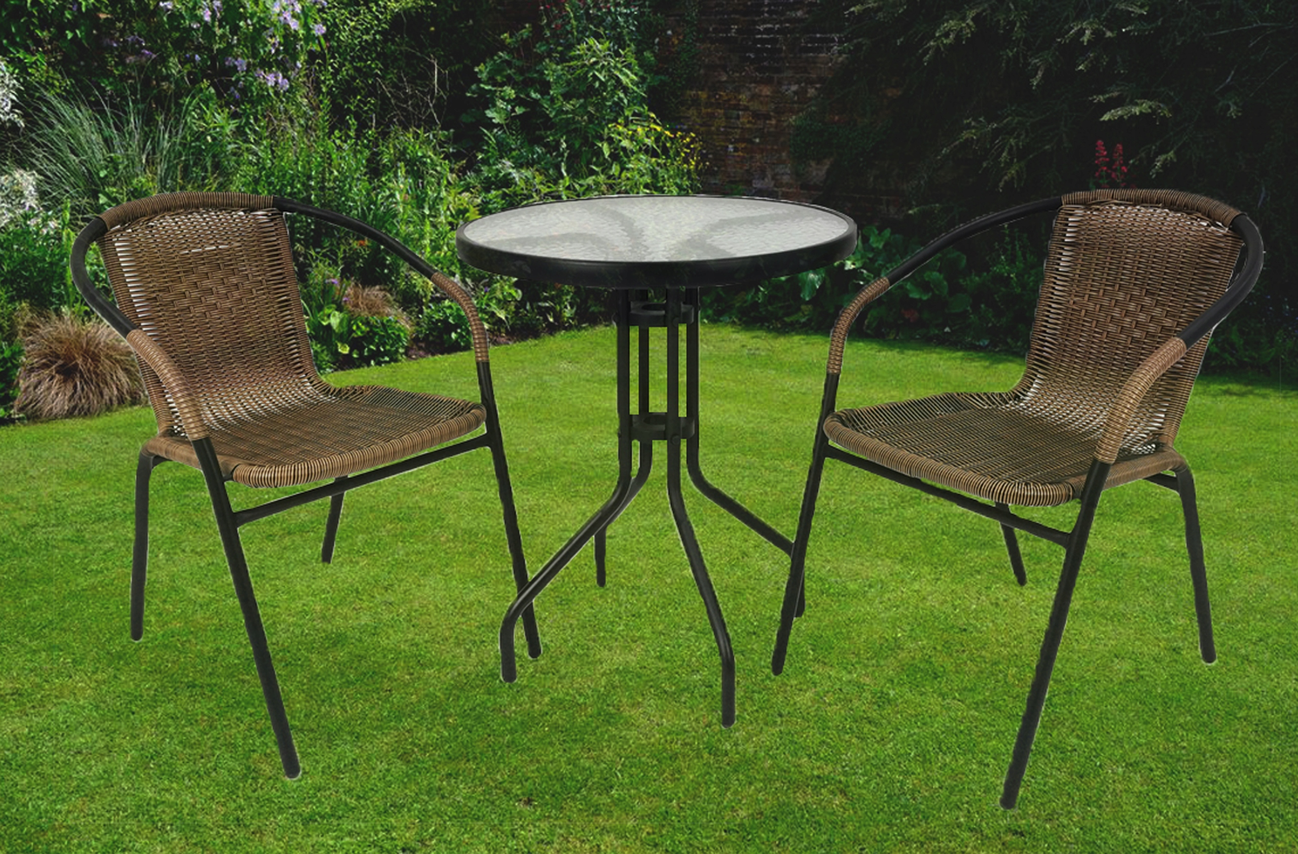 STÓŁ STOLIK OKRĄGŁY BERGAMO SZKLANY METAL OGRODOWY BALKON TARAS KAWOWY FI60 Głębokość mebla 60 cm