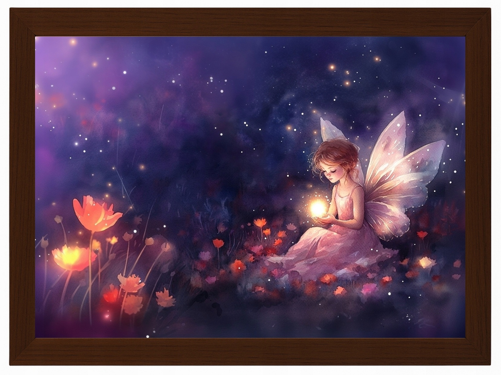 Plakát Rámeček Dřevo Děti Dívka Víla Motýl Květiny Kouzla 100x70