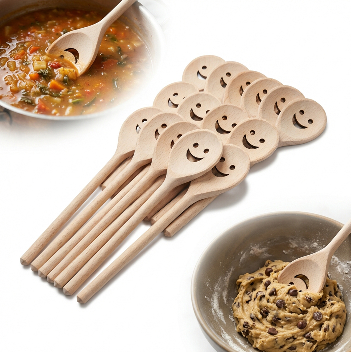 Set 100 ks dřevěných Bukových Lžiček 20 cm – s výřezem „úsměv“