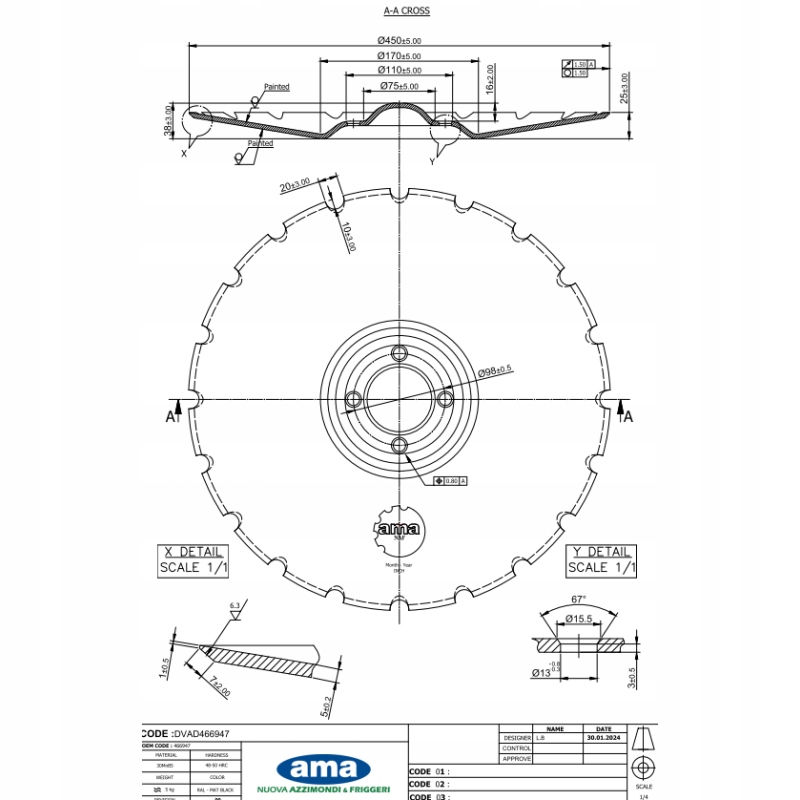 Talíř do agregátu,zubatý 450x5 mm,4 otvorový,tloušťka 5 mm DVAD466947