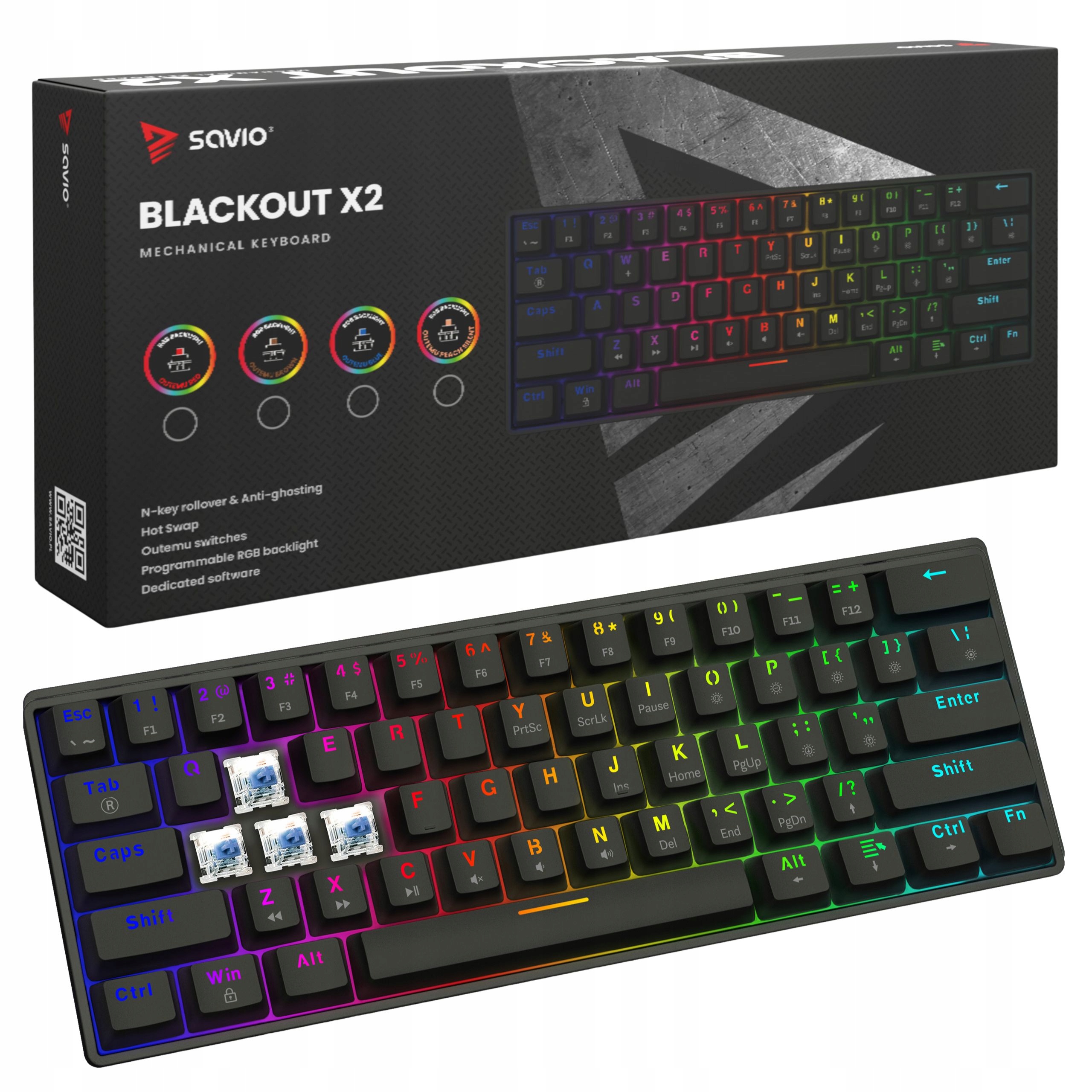 Klawiatura mechaniczna Usb 60% Savio Blackout X2 Outemu Blue Hot Swap Rgb