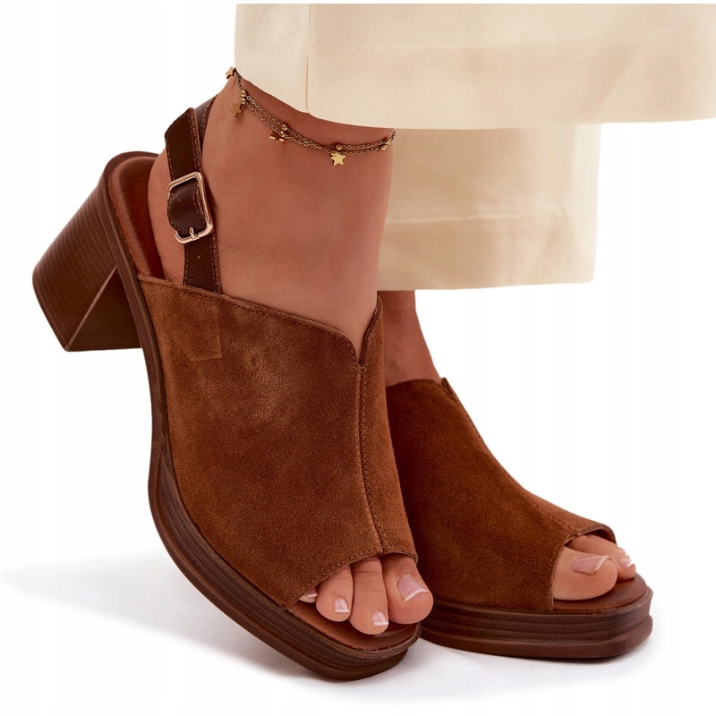 Dámské Sandály Kůže Semiš Podpatek Sloupek Elegantní Vinceza 39995 Camel 39