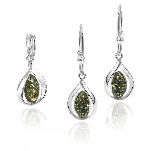 

Komplet wisiorek i kolczyki z zielonym bursztynem