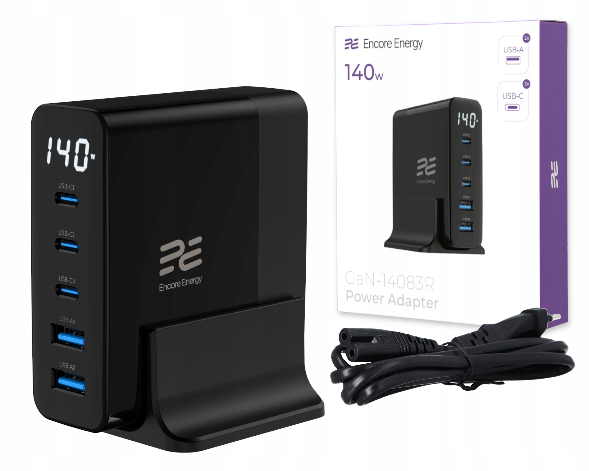 Stacja ładująca ładowarka Usb-c Usb-a GaN Qc Pd 5 Portów Encore Energy 140W