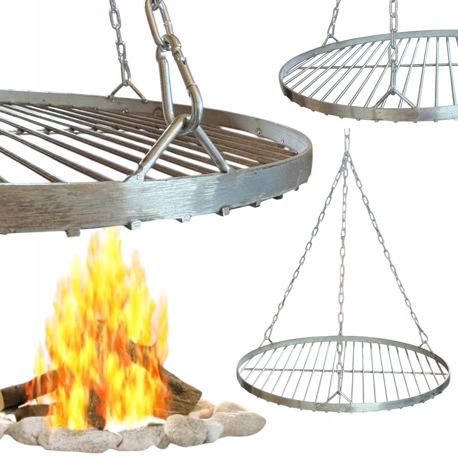 Ruszt na ognisko grilla ze stali nierdzewnej na trójnóg 60 cm z łańcuchem