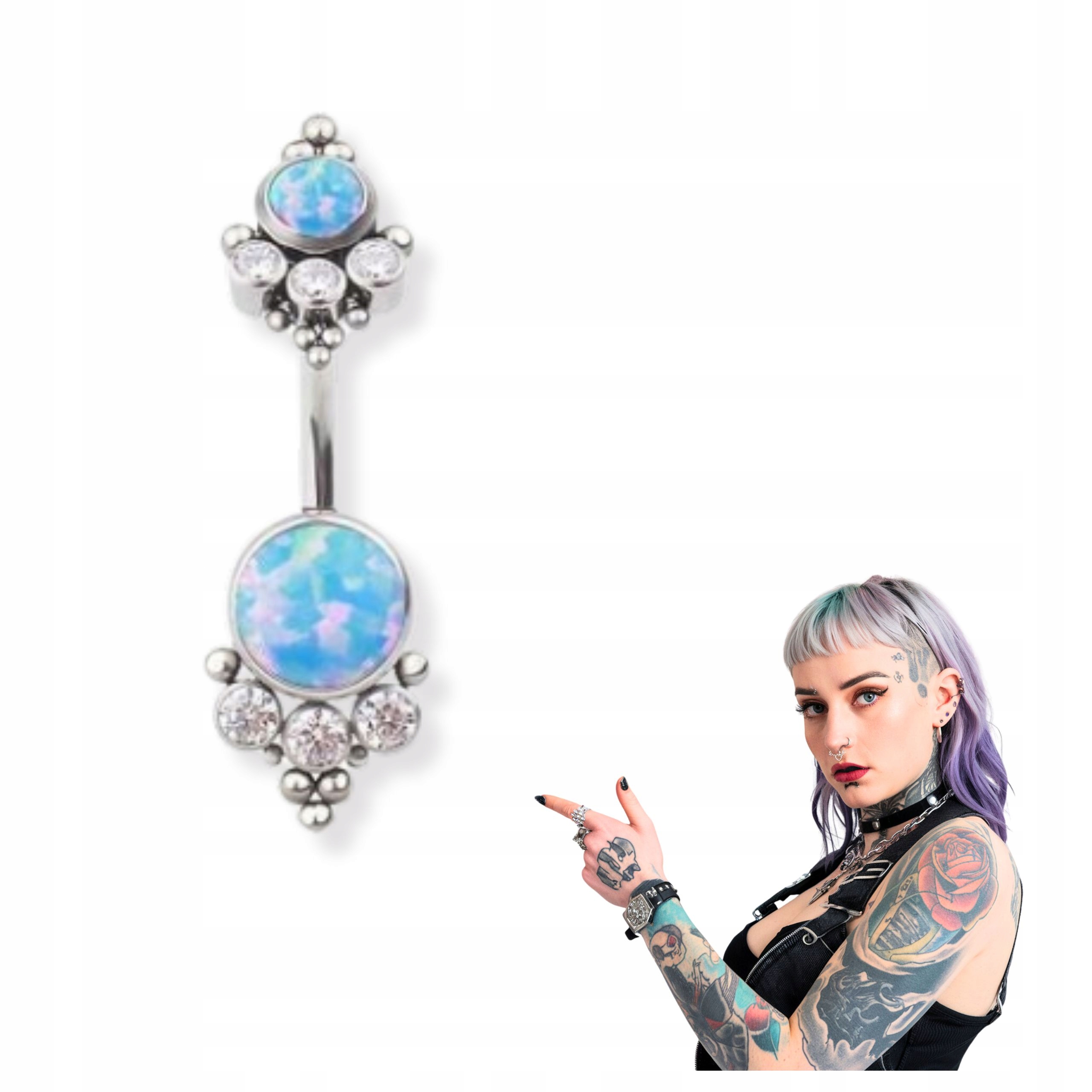 Titanový piercing do pupíku s modrým opálem piercing do břicha 1,6/10 mm