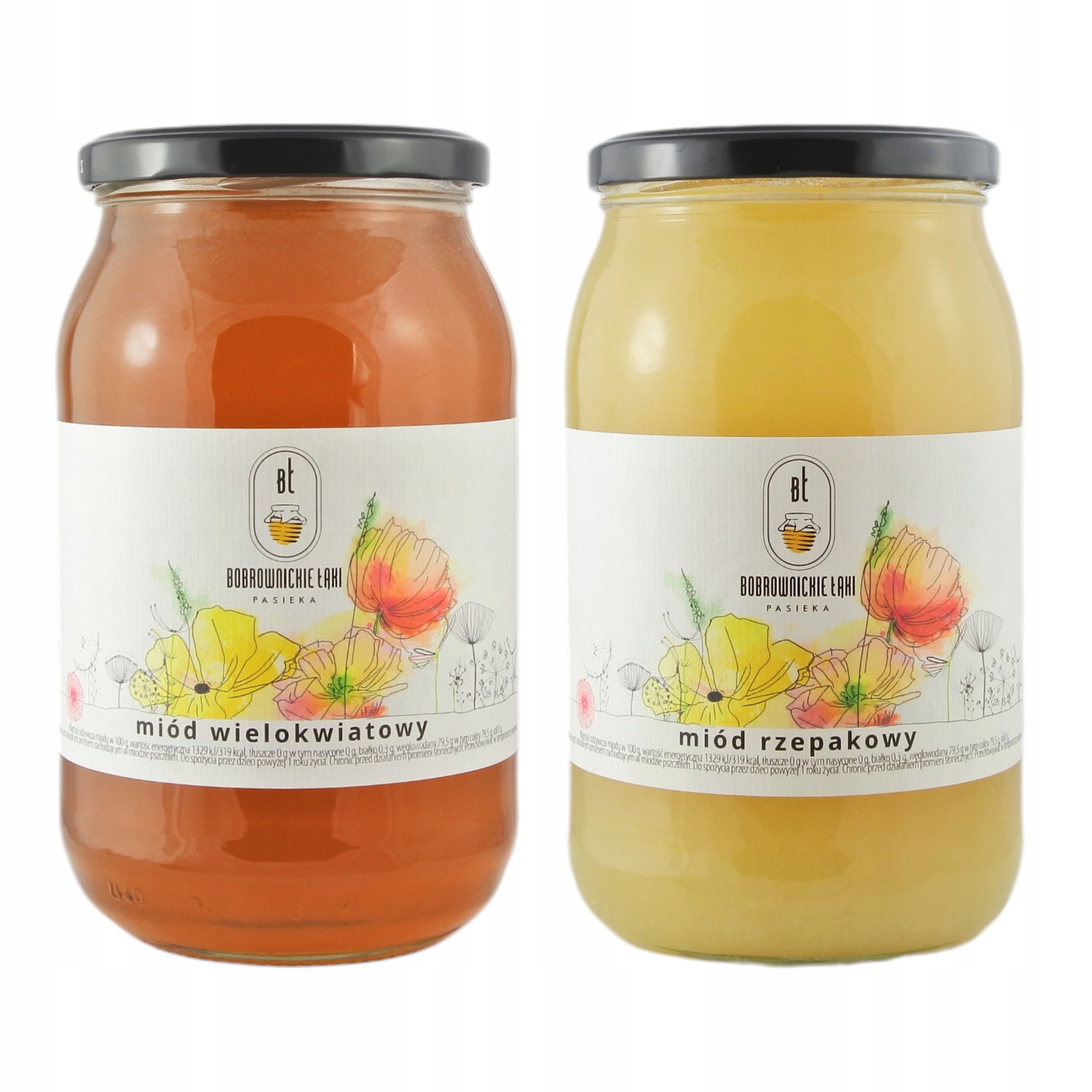 Sada 2 Polské medů 1,2 kg Řepkový Vícekvětý Bobrovníkové louky