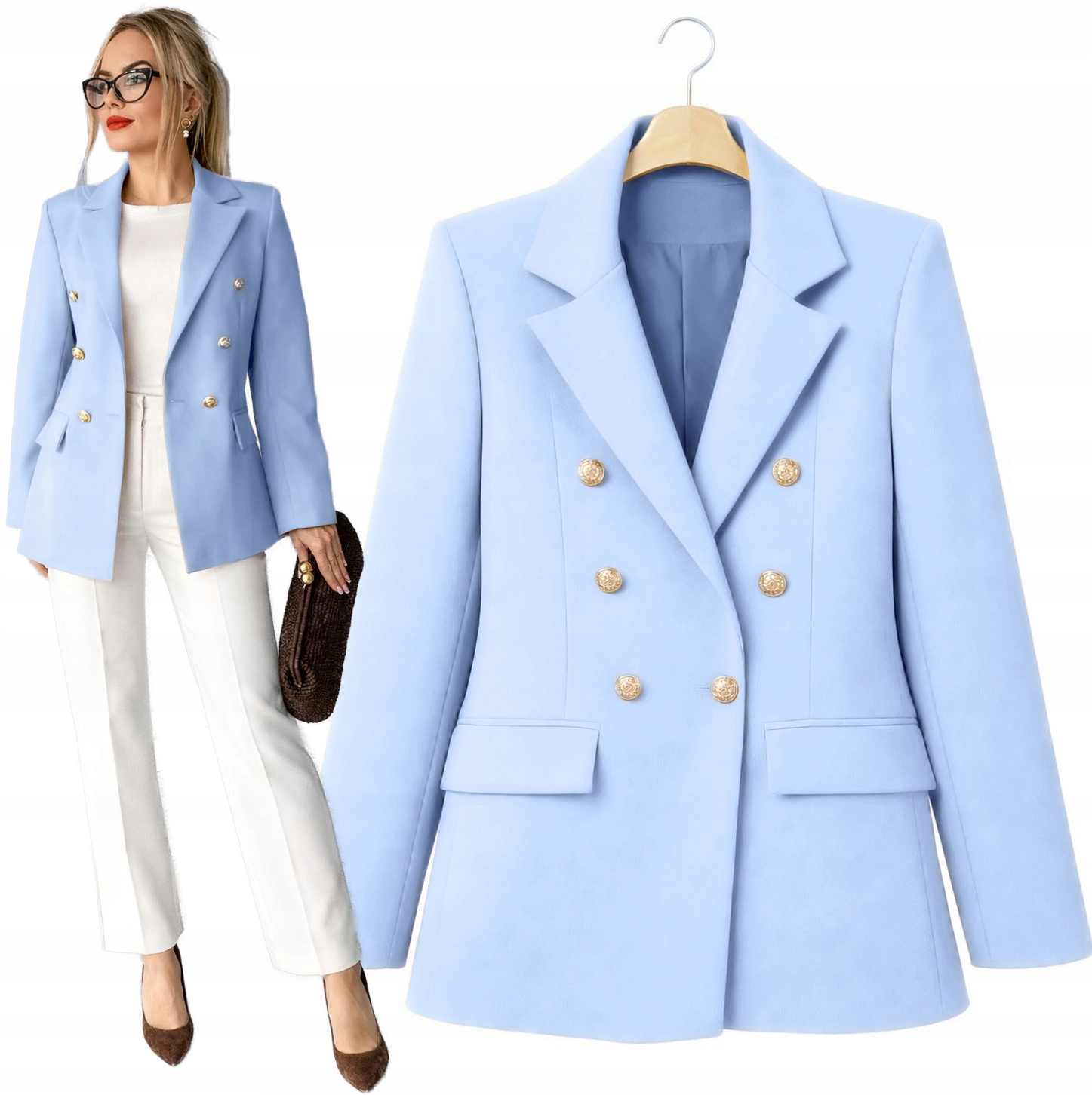 wizytowa Marynarka damska Żakiet dwurzędowe złote guziki Noelia