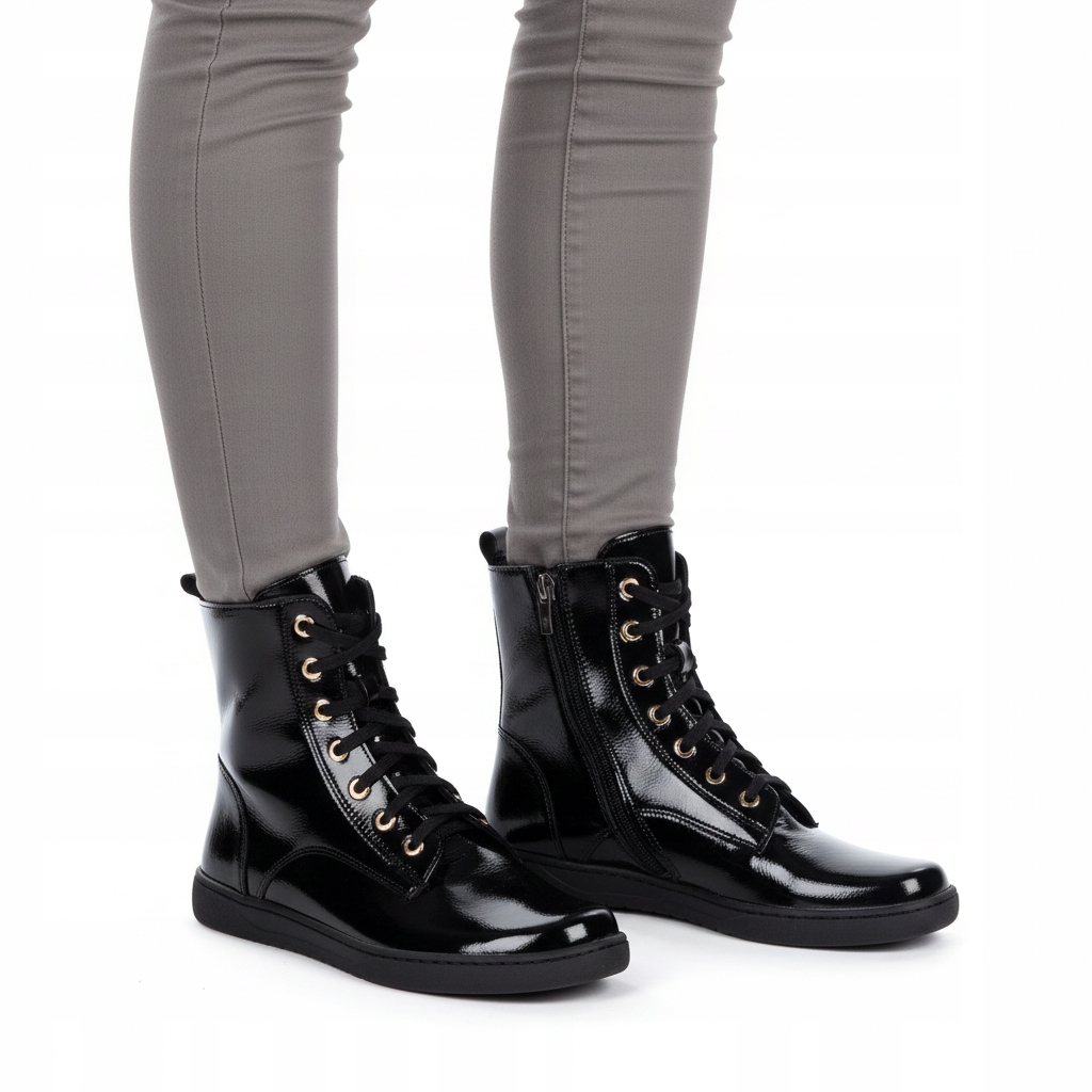 Dámské barefoot kožené boty Liv 1303, černý lak, zateplené, velikost 40