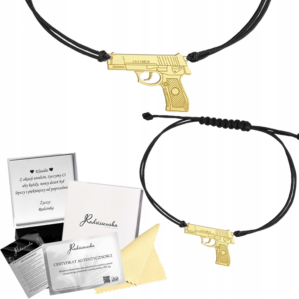 Zlatý náramek s pistolí na šňůrce, stříbro 925 Dárek pro ženu Gravírování Bonus