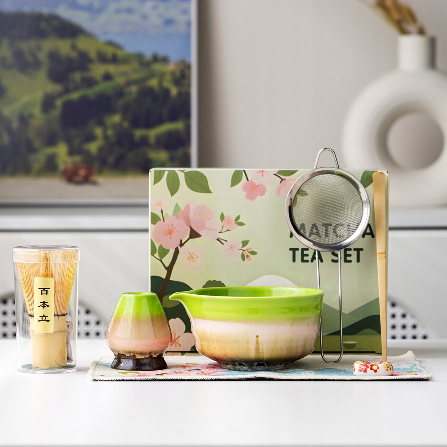 Dárková sada na čaj matcha šálek metla bambusoey zelená