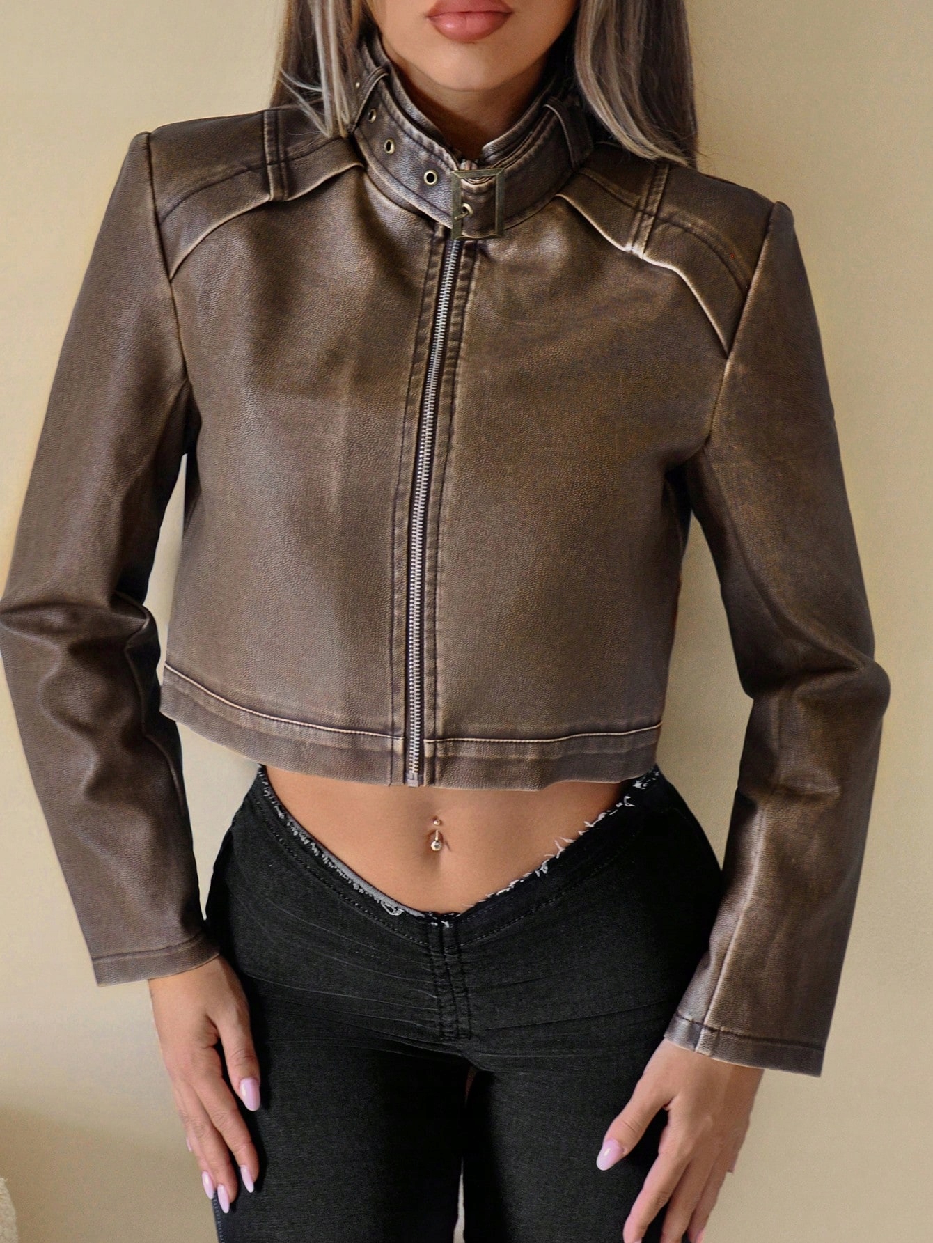 Kožená Bunda Krátká Módní Imitace Kůže Hnědá Casual Shein L 40