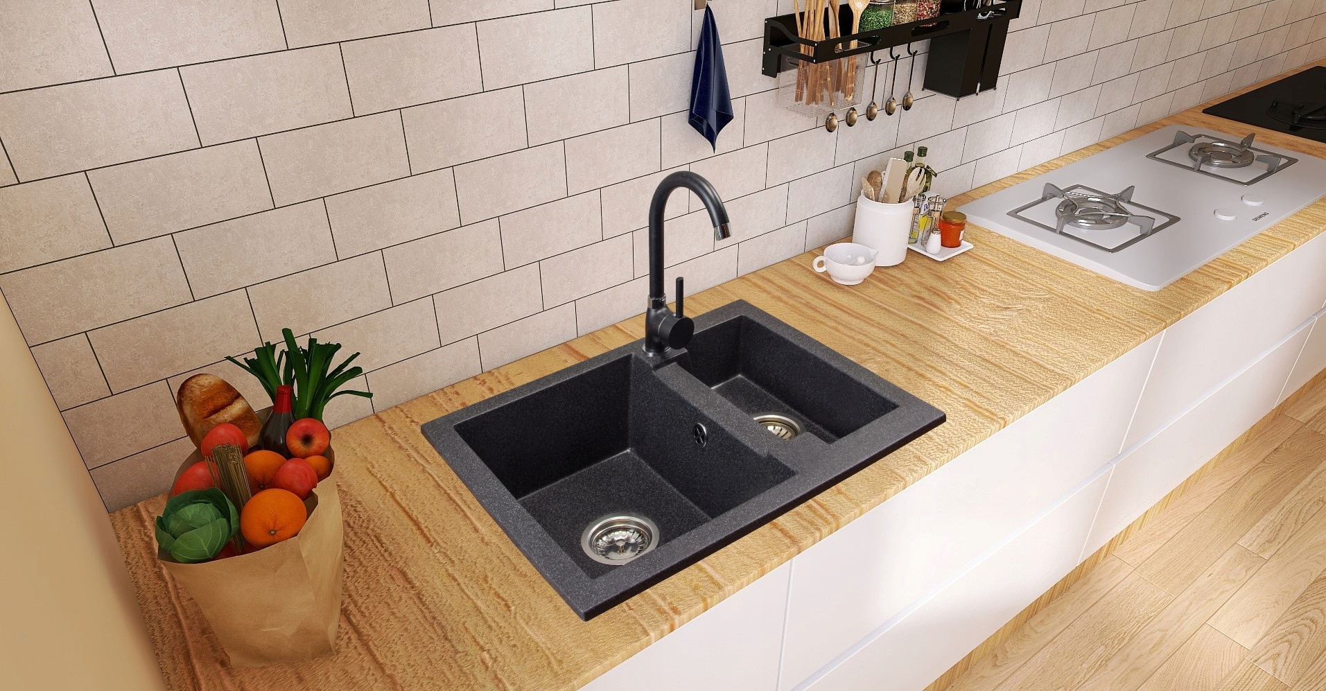 ZLEW ZLEWOZMYWAK GRANITOWY+BATERIA GRANITOWA+SYFON Kolor czarny