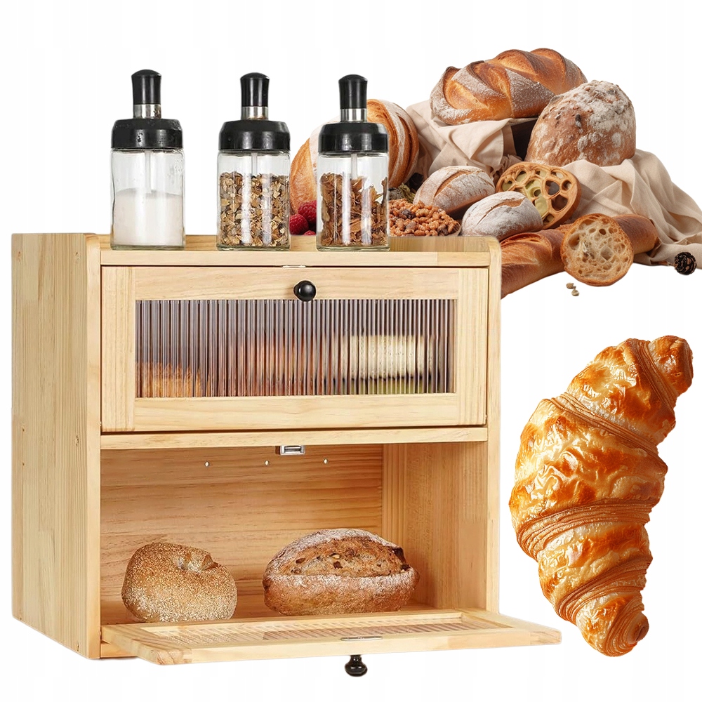 Dřevěný chlebník velký 36.5x24x34 cm s poličkou a ventilací, přírodní