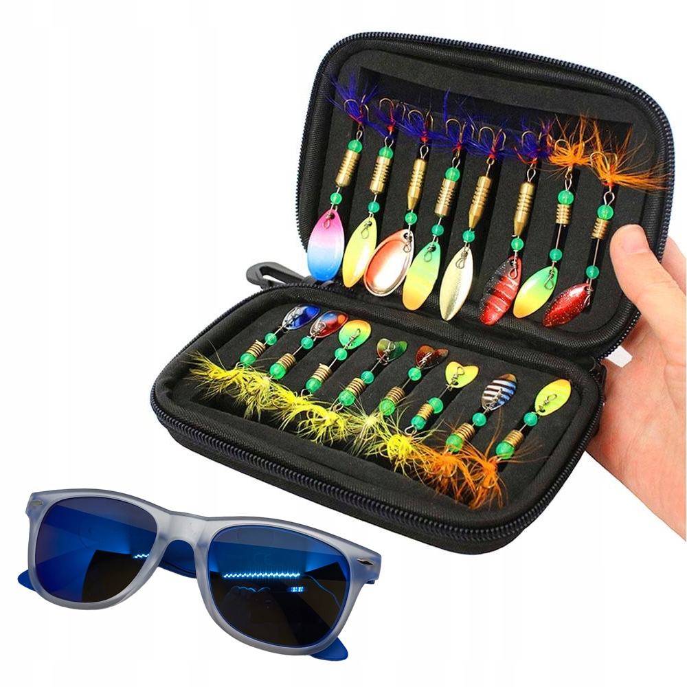 Zestaw Obrotówki Błystki Przynęty Blachy na Ryby Okulary Przeciwsłoneczne