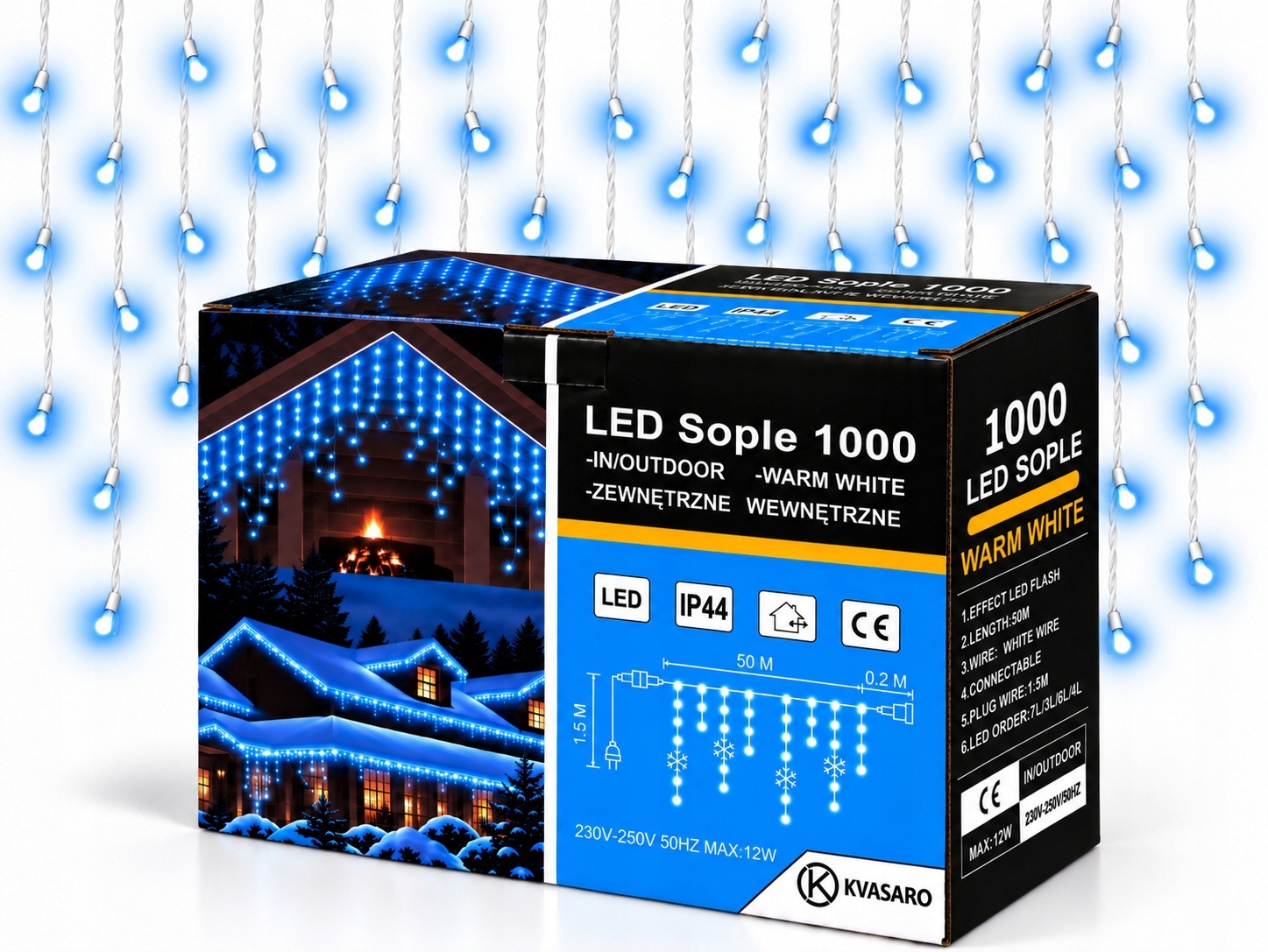 Rampouchy 1000 Led Záclona Venkovní Osvětlení IP44 Modrá Studený Blesk 50 M