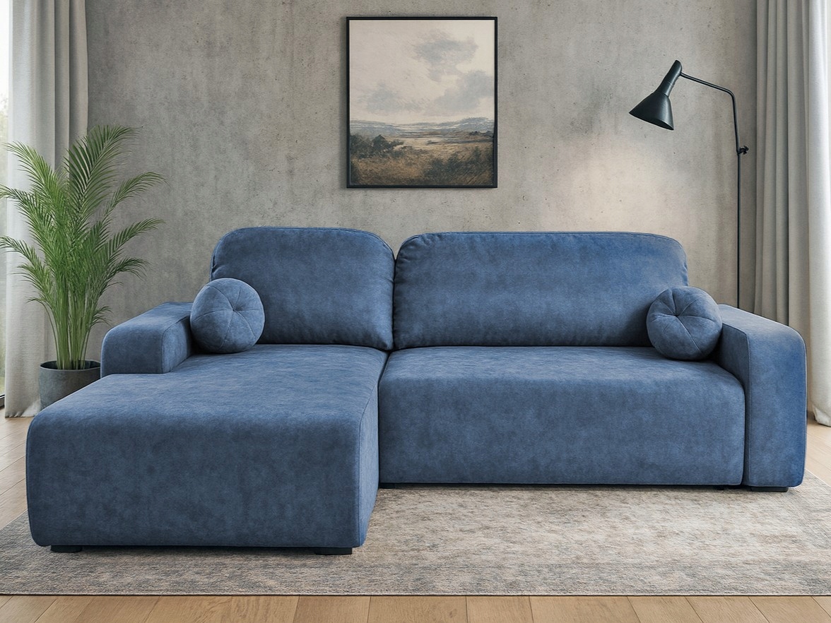 Rohová Sedací Souprava s funkcí spaní Tori levá s úložným prostorem na povlečení, modrý velur