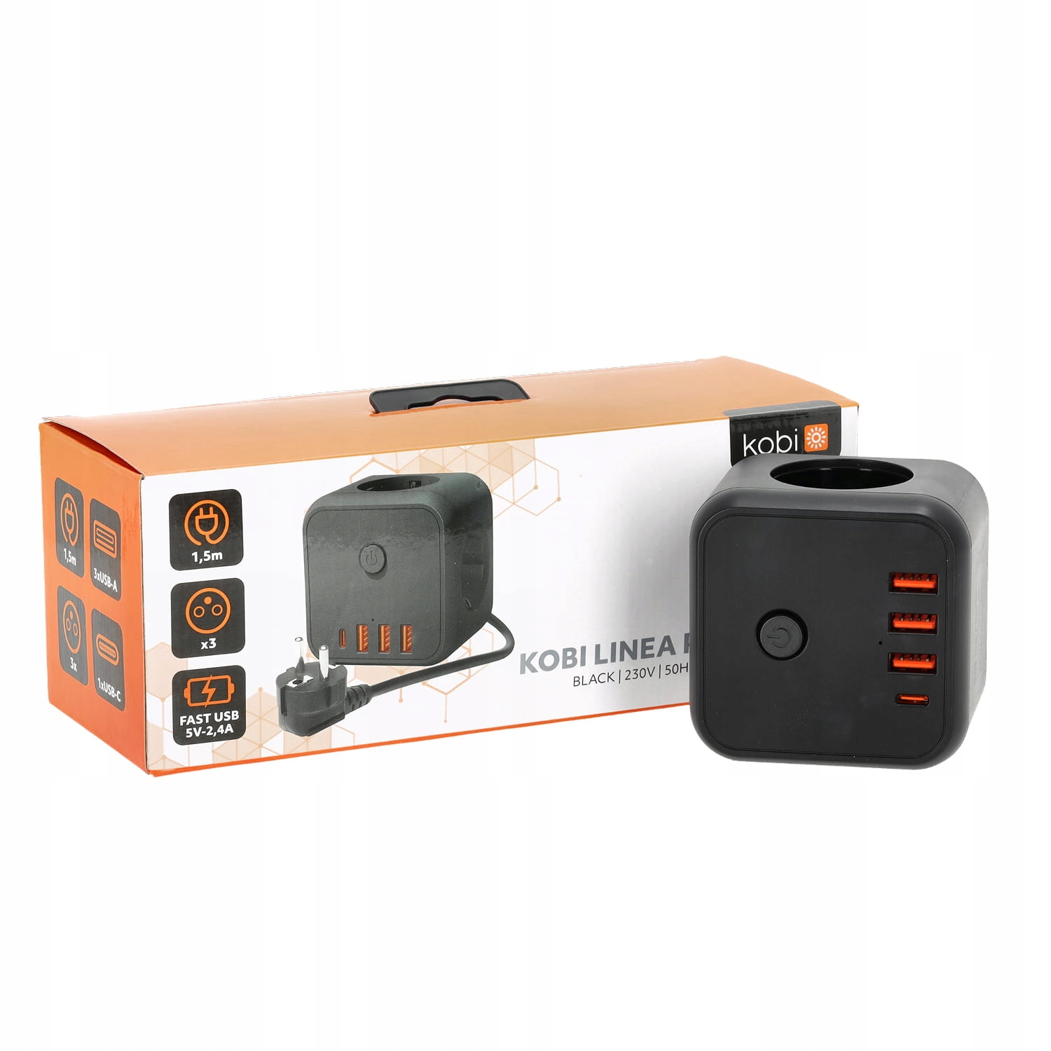 Prodlužovací kabel černý s kabelem 1,5 m, 3-zásuvkovým uzemněním a vypínačem 4xUSB