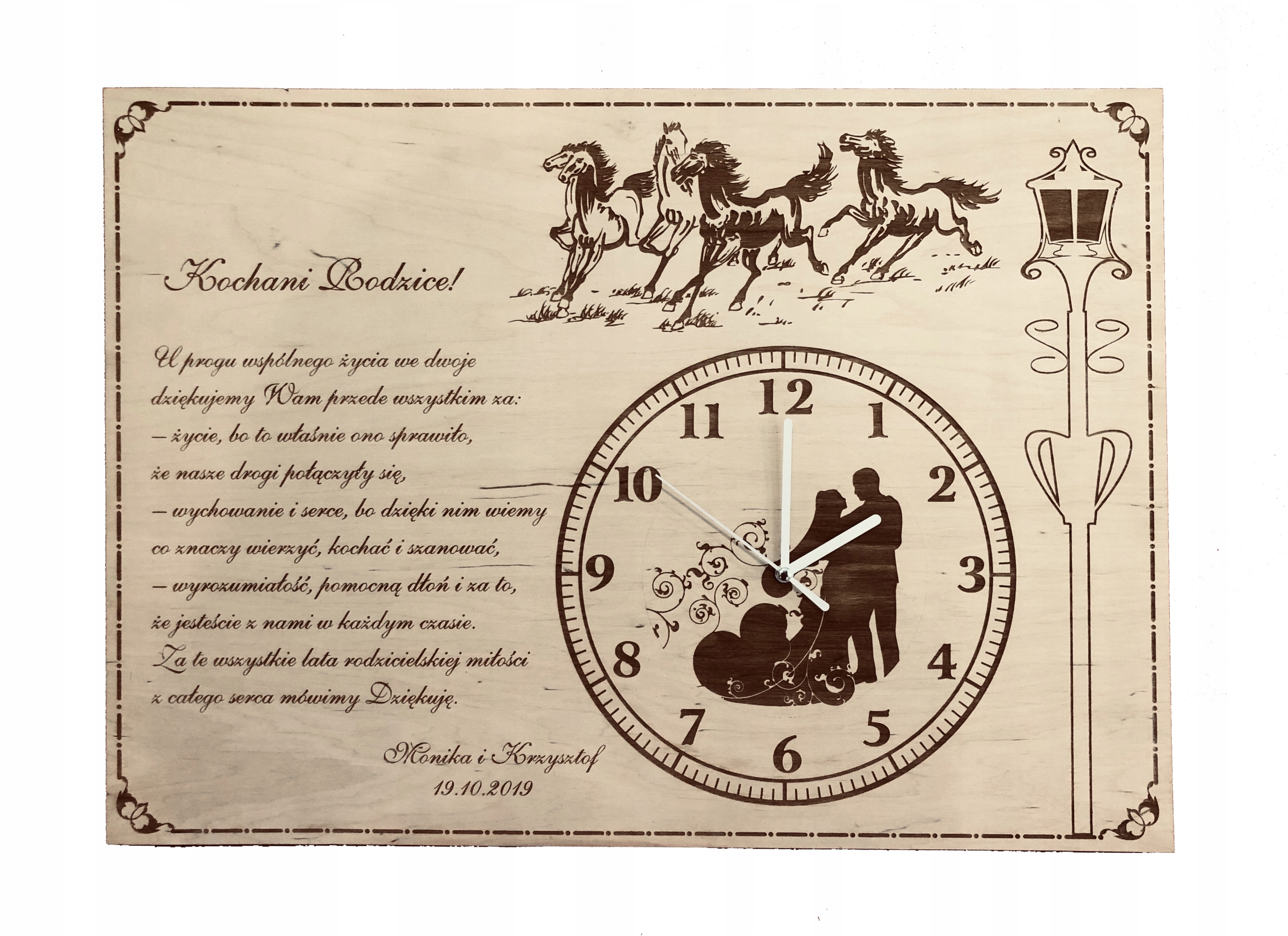 Poděkování rodičům, obraz s hodinami a gravírováním