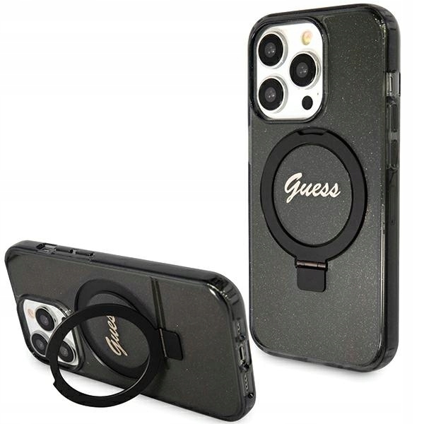 Guess Pouzdro s třpytivým nápisem a stojanem na prsteny MagSafe pro iPhone 15 Pro Max 6,7" černé
