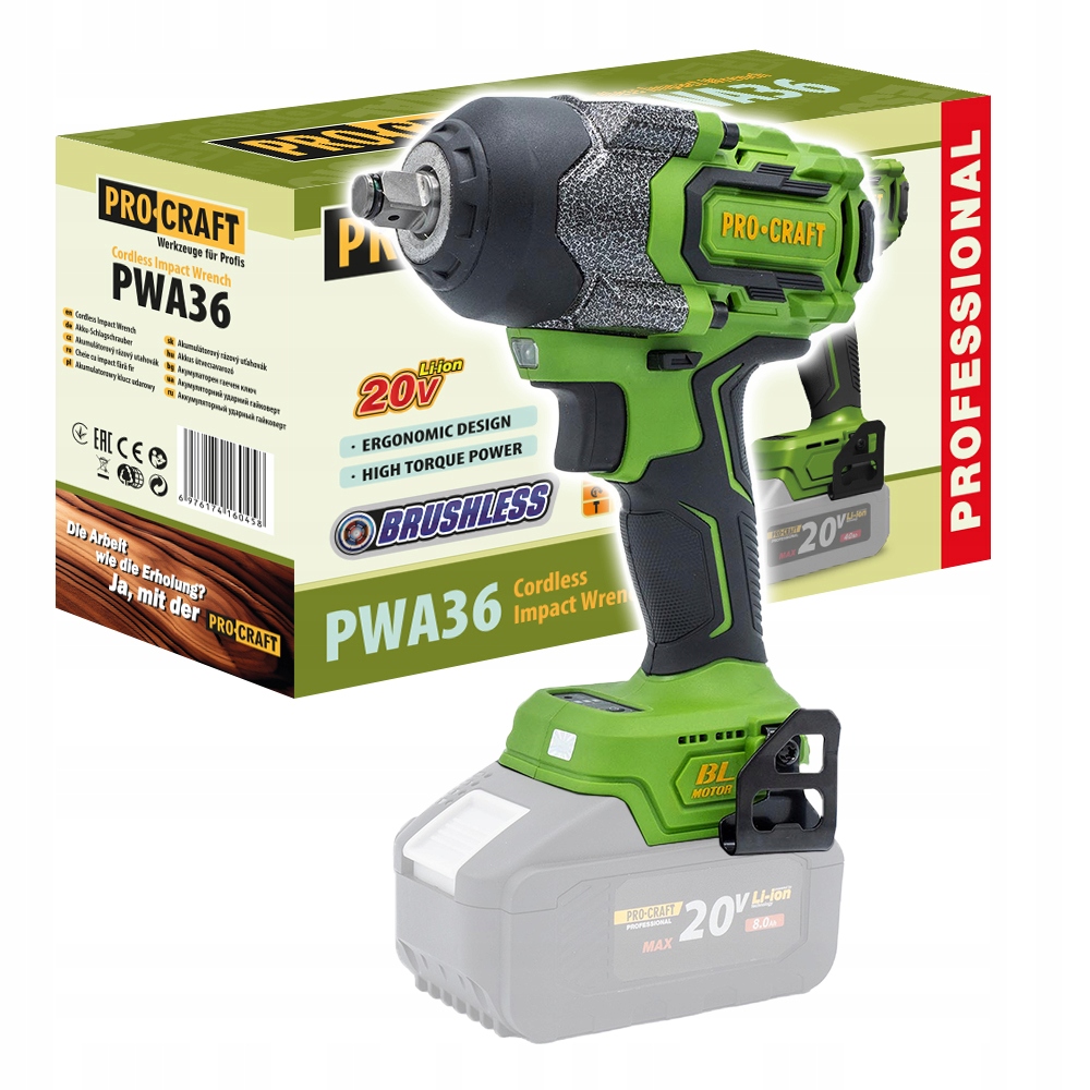 Procraft PWA36bb Akumulátorový rázový uťahovák 1/2" 850 Nm Bldc 20V body