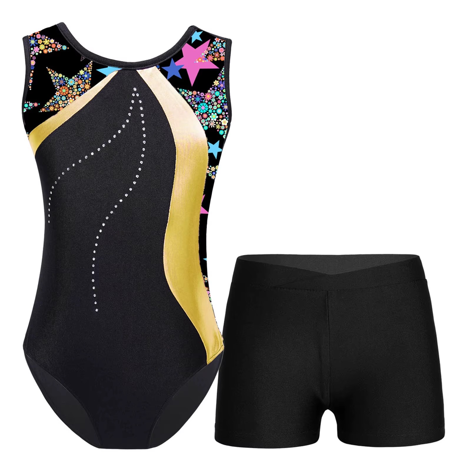 Gymnastické Baletní Body Žluté S Hvězdičkami Kraťasy, Velikost 170