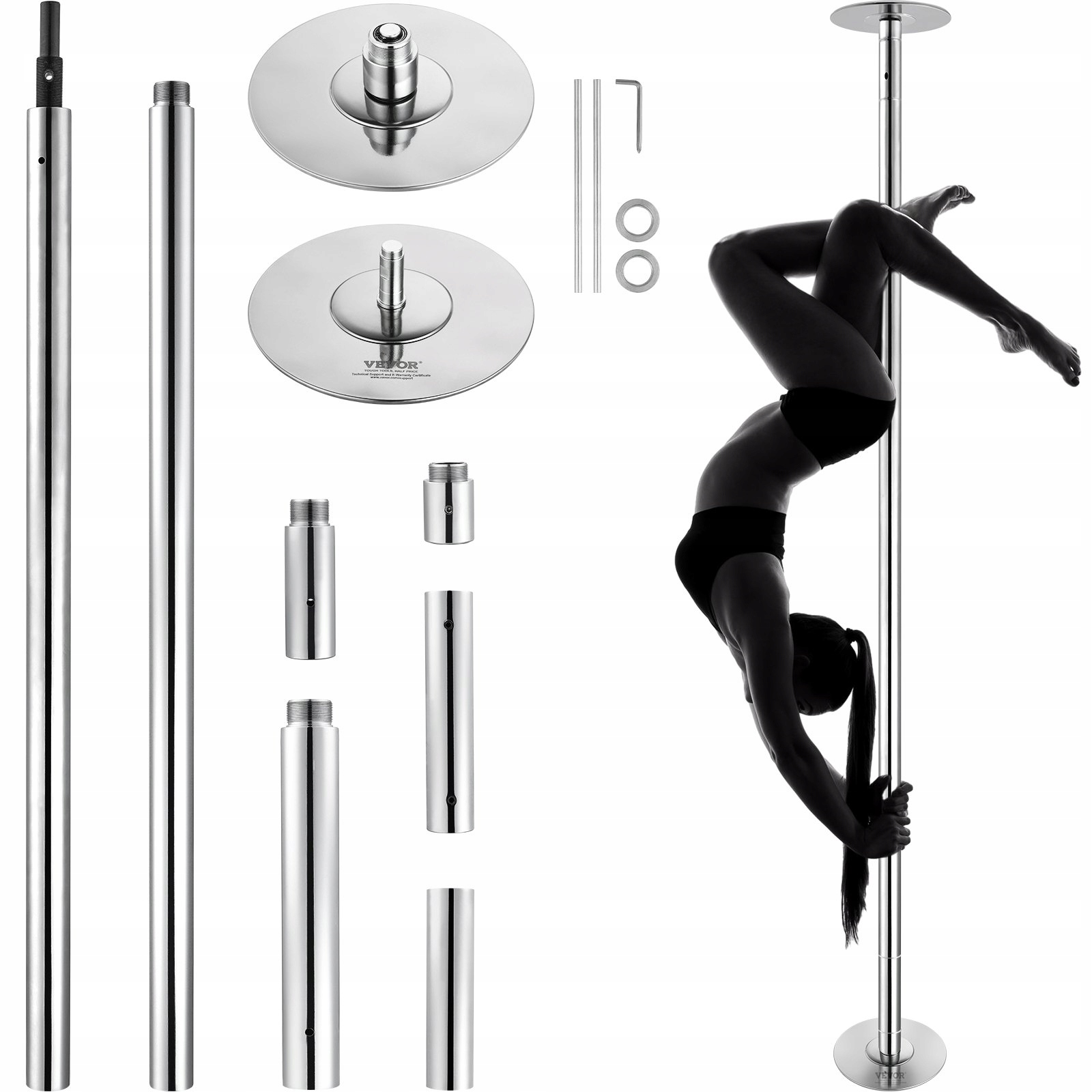 Trubka pole dance tanec otočný rozpěrný 222,6 cm 282,4 cm stříbrný silný