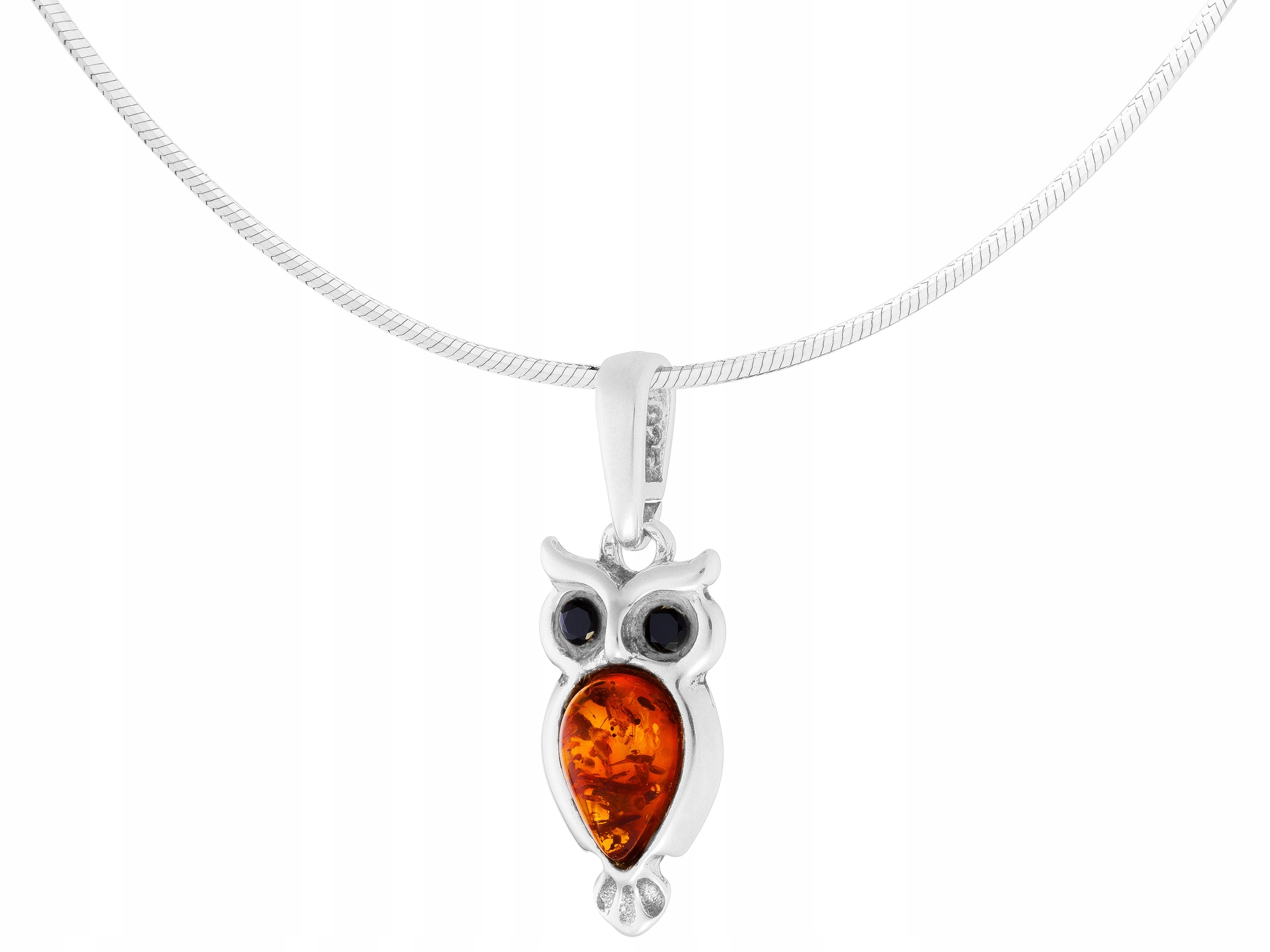 Dlouhý stříbrný oxidovaný náhrdelník Pták Sova Jantar Zirkony Stříbro 55 cm