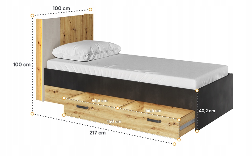 ŁÓŻKO GEO 90cm DO POKOJU MŁODZIEŻOWEGO Z LED Kod producenta QB-12 łóżko 90 1ze stelażem z LED dąb artisan