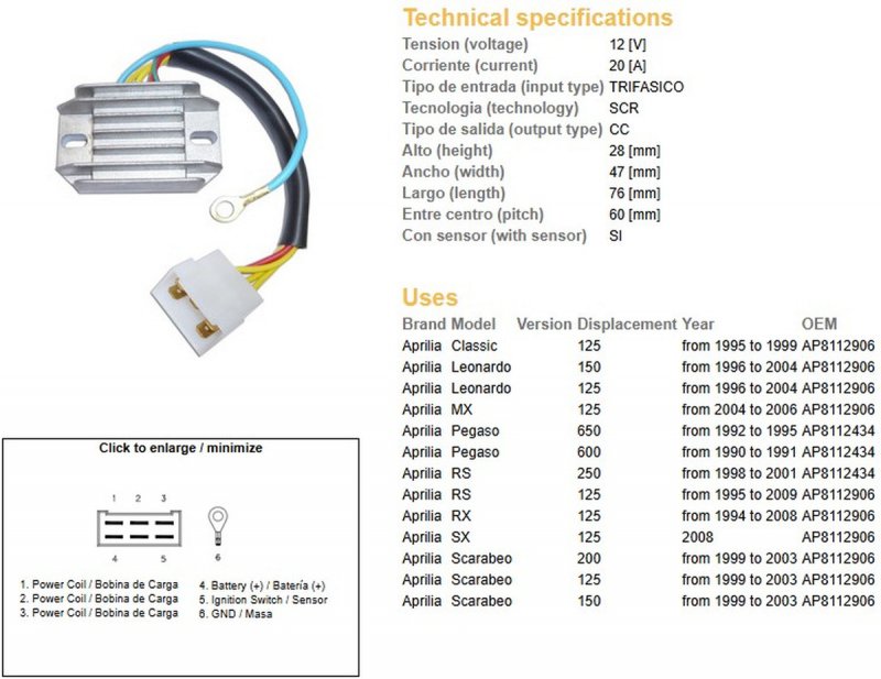 Regulátor Napätia Aprilia Pegaso 600/650 90-95; Rs 125/250 95-09