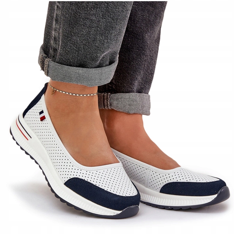 Baleríny Z Přírodní Kůže, Lehké, Pohodlné Na Klínku, Bílo-modré, Velikost 37