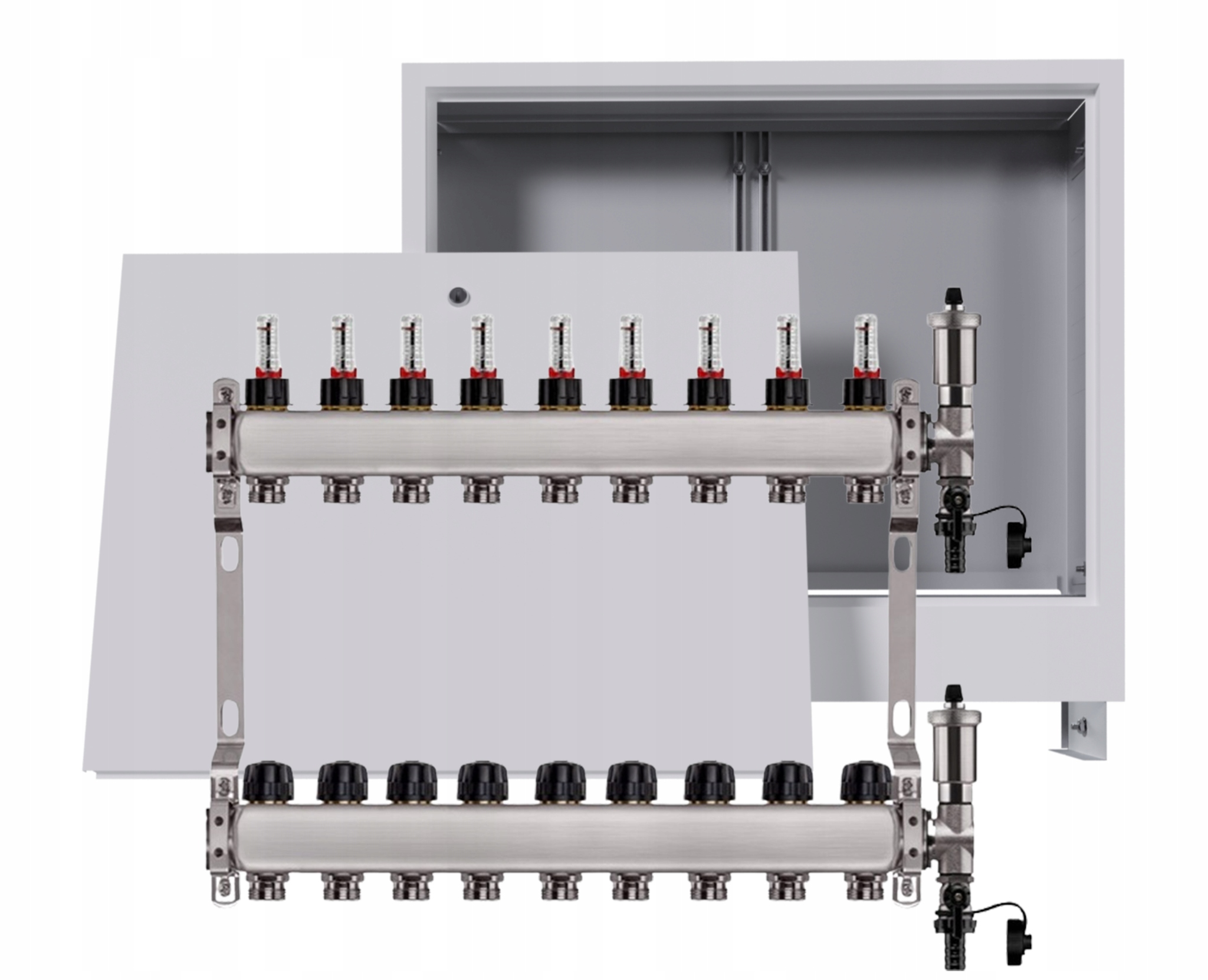 Nerezový rozdělovač na podlahu 9 okruhů s podomítkovou schránkou, bílý