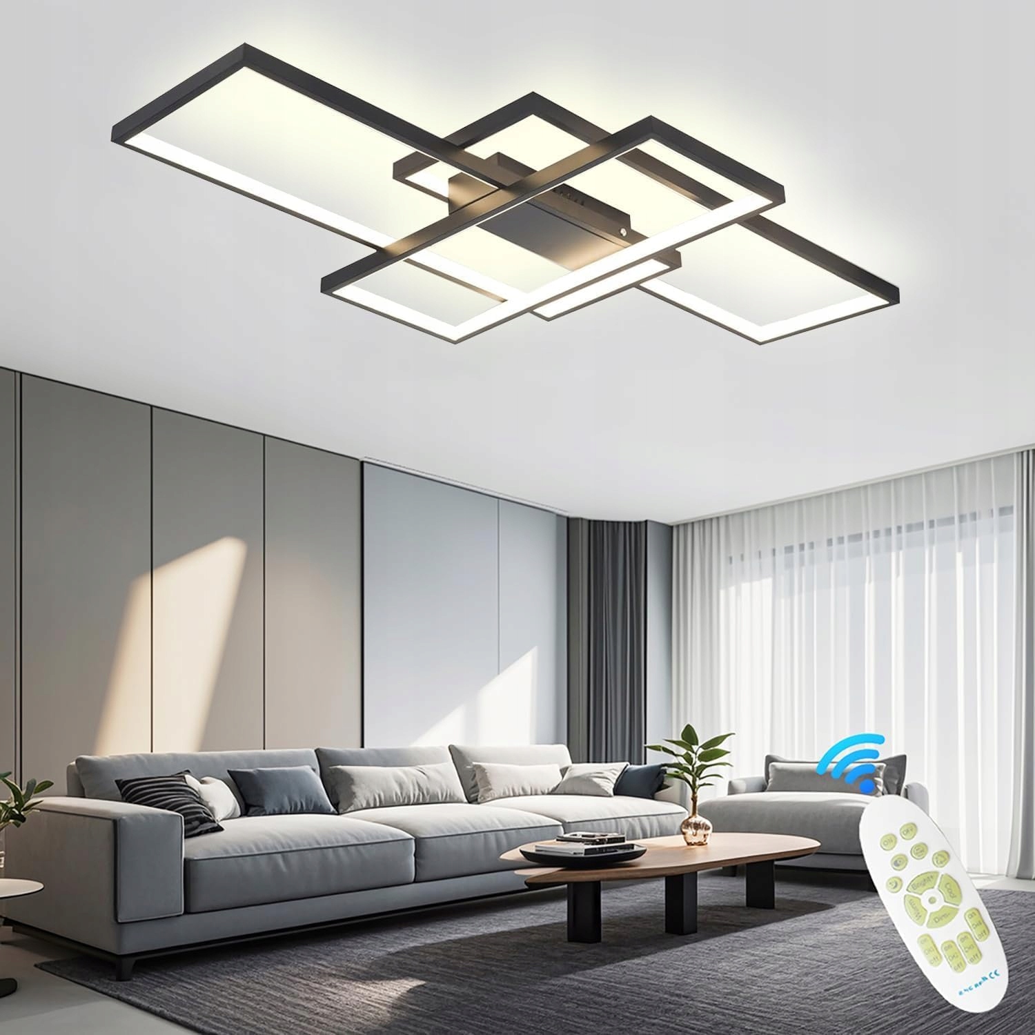 Nowoczesny żyrandol Led 90W pilot Czarny do salon Sciemniany Zmiana Koloru