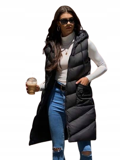 Shein Černá Prošívaná Dlouhá Vesta S Kapucí M 1KE