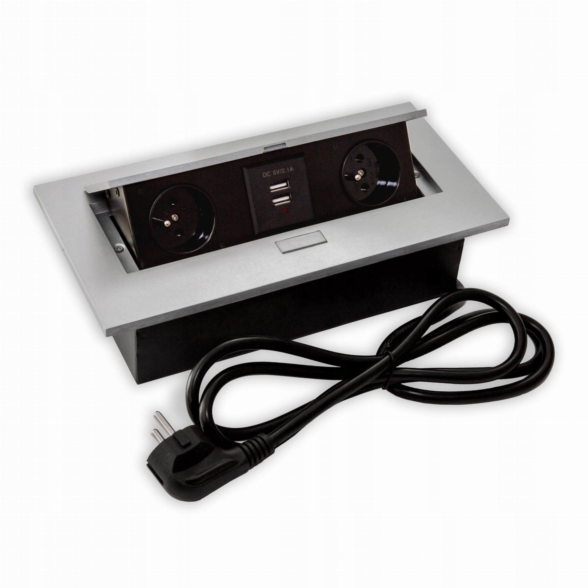 GNIAZDO WPUSZCZANE CHOWANE W BLAT MEBLOWE FLEXIPORT 2 GNIAZDA+2USB ALU