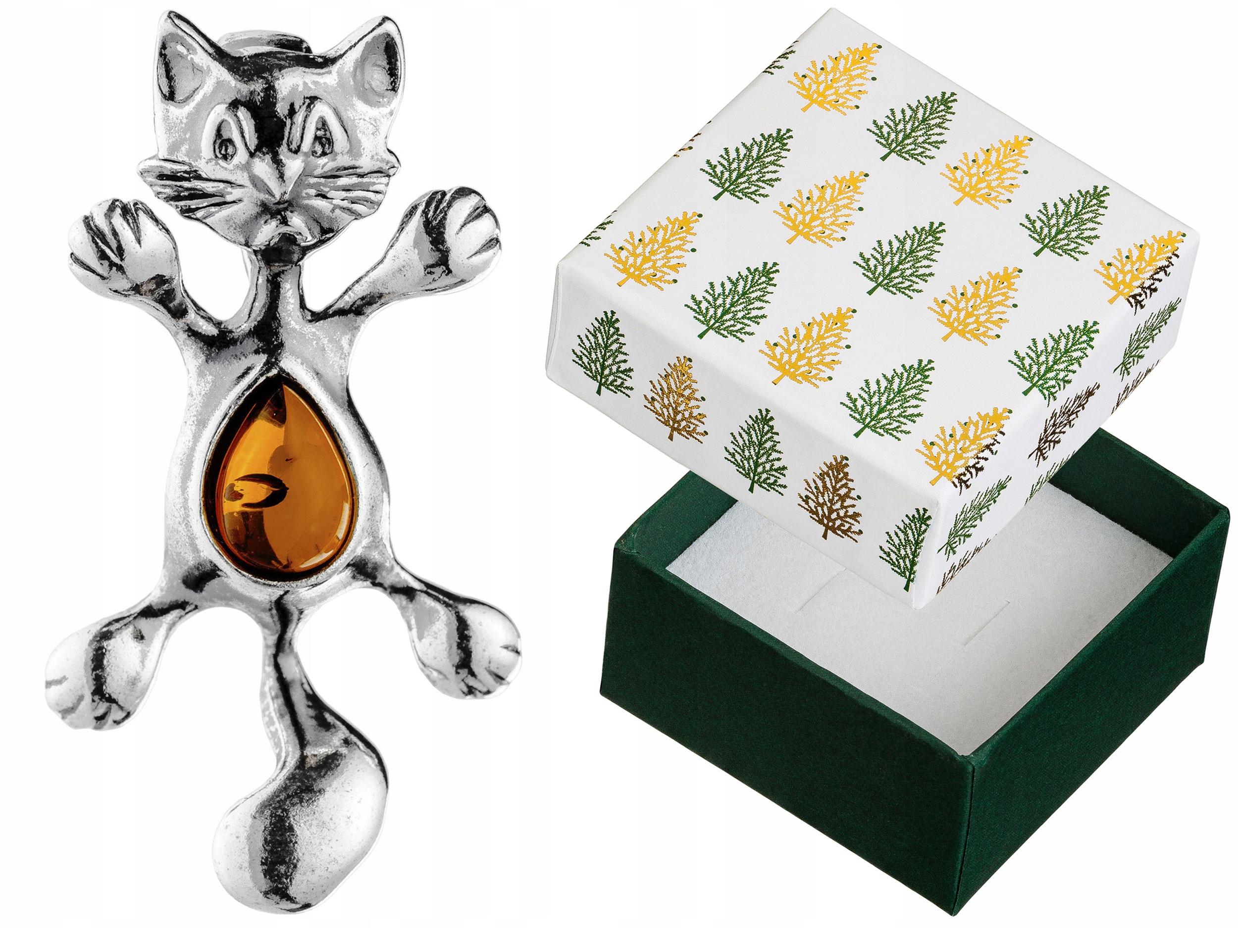 Stříbrný Přívěsek Kočka s jantarem Oxidovaný dámský přívěsek Kočička Kotě