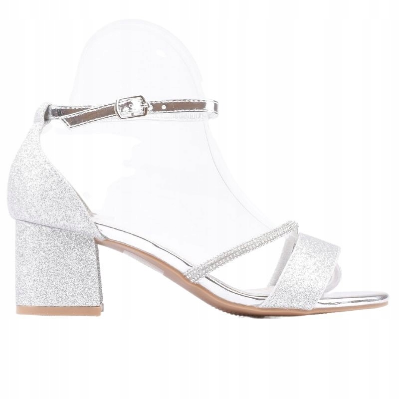 Srebrne Sandałki Damskie Błyszczące Na Słupku Obcasie Sandały