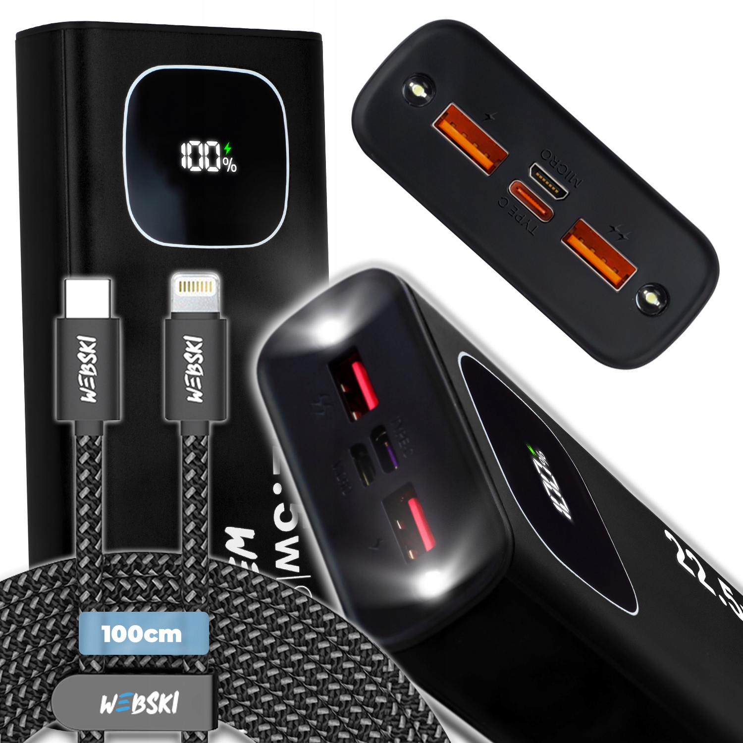 Prostorná Powerbanka Quick Charge Qc Pd 22.5W 30 000 Mah Kabel Pro Osvětlení 1 M