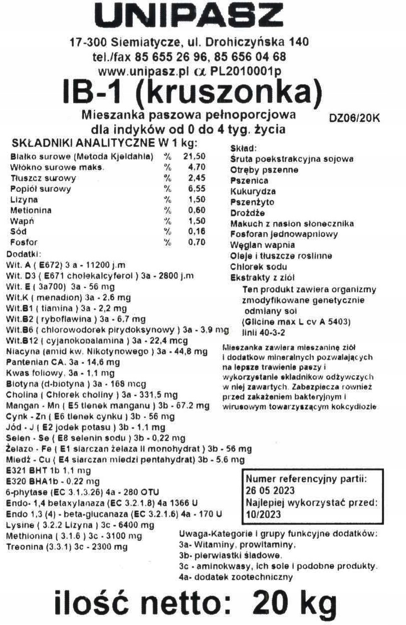 KARMA DLA INDYKÓW INDYK STARTER IB1 20 KG UNIPASZ Kod producenta IB1