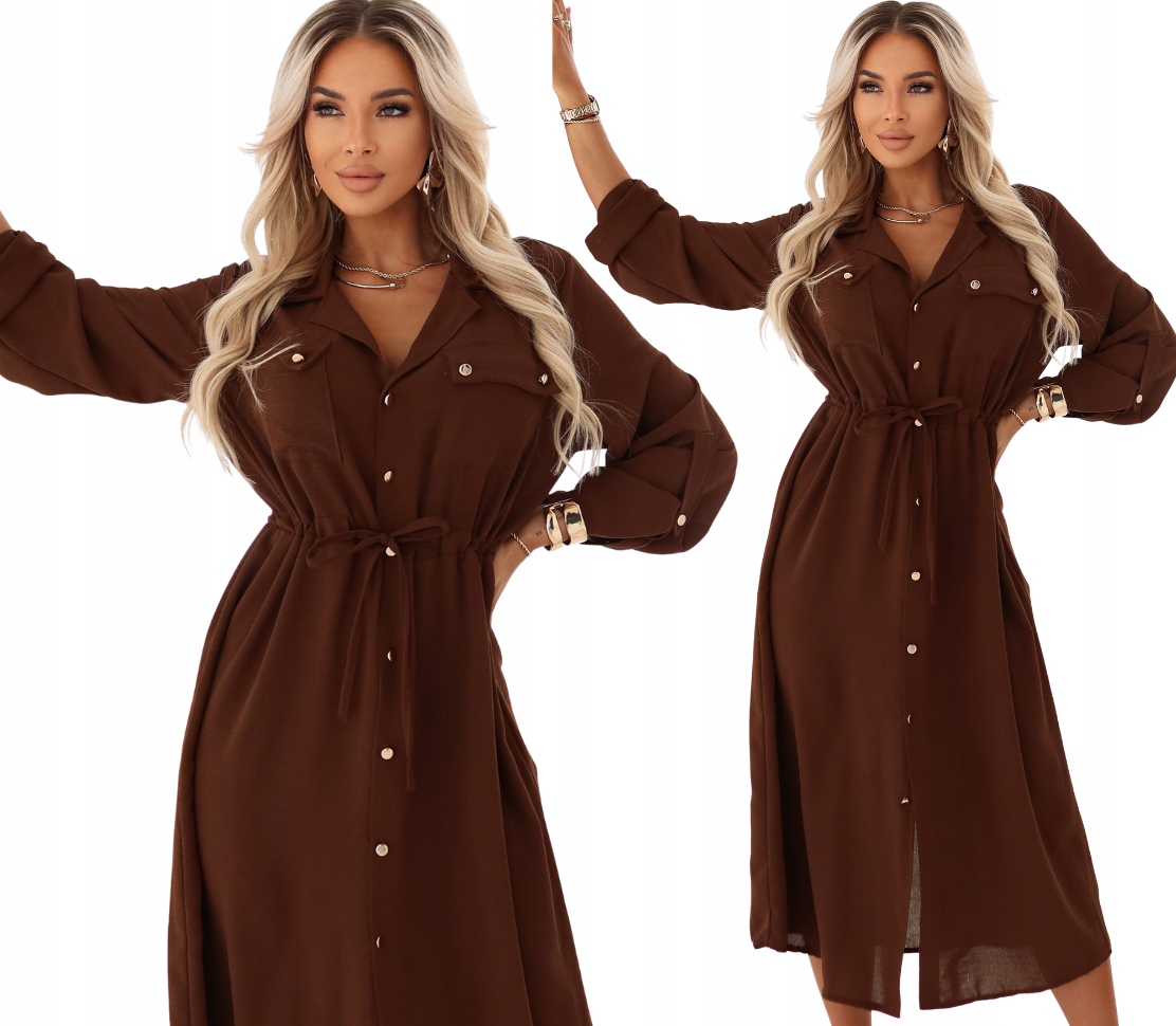Šaty Šmizjerka košilová midi s knoflíky a páskem Čokoládová
