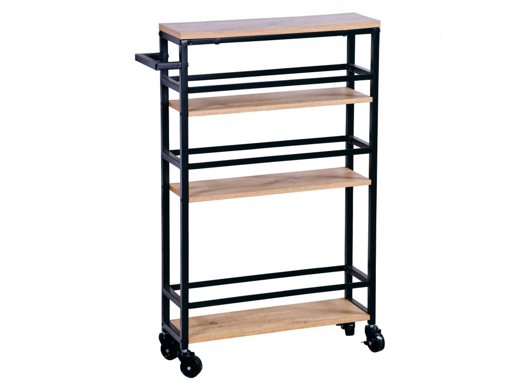 Úzký kuchyňský vozík s rukojetí a dřevěnými policemi, 81 x 50 x 15 cm