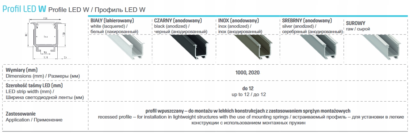 PROFIL DO TAŚM LED PŁYTY GK TYP W + KLOSZ BRĄZOWY Waga produktu z opakowaniem jednostkowym 0.3 kg