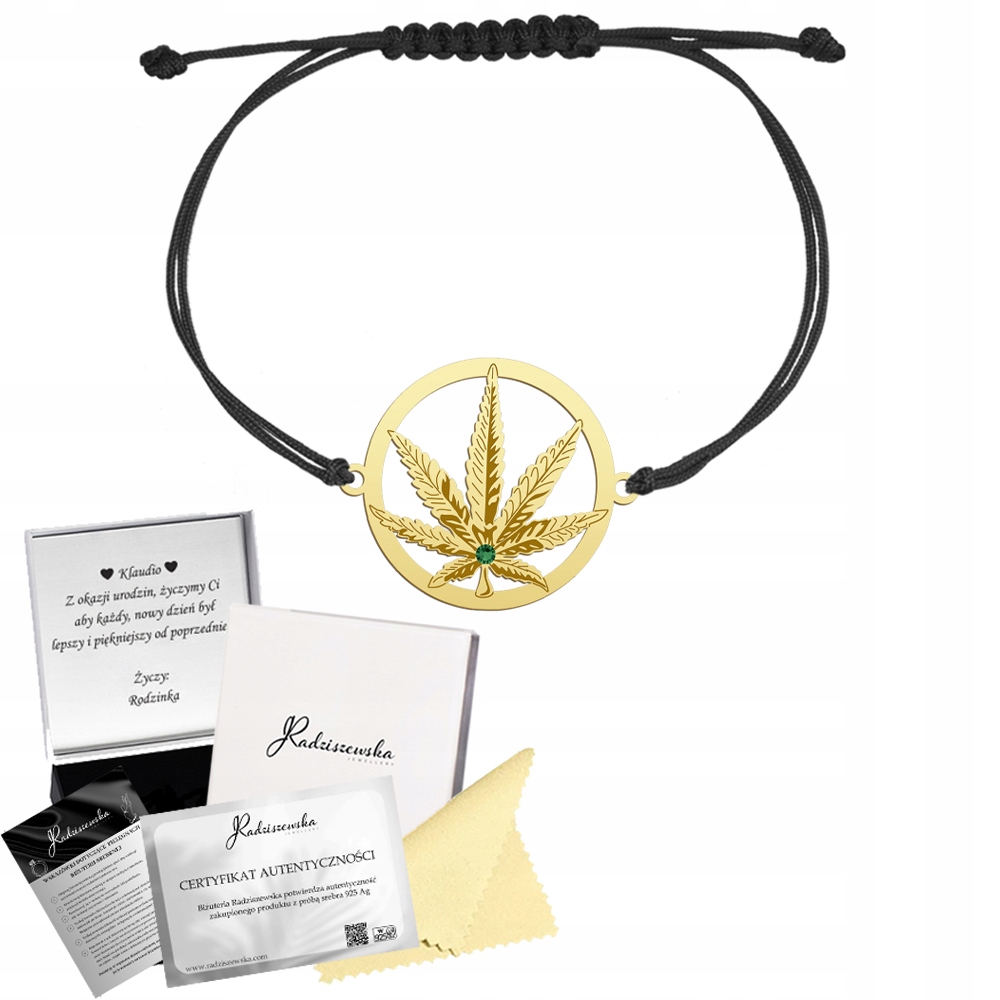 Zlatý náramek Marihuana Konopný list Šňůra Stříbro 925 Dedikace Bonus