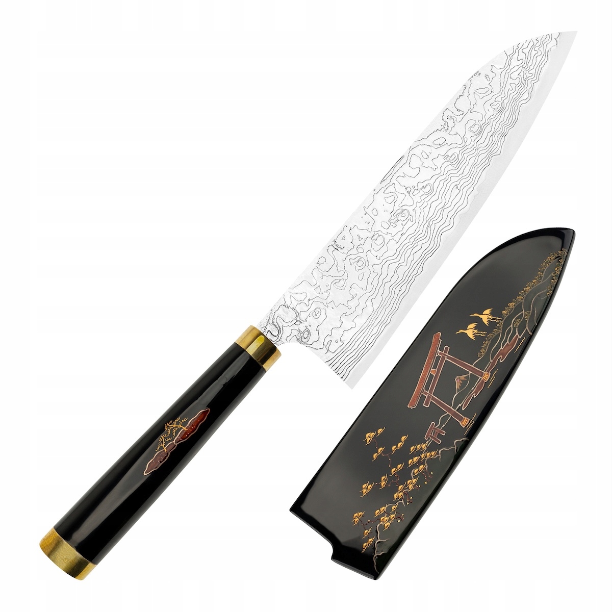 Takeshi Saji Art Tori Fuji On Lake Kuty R-2 Japonský nôž Santoku 18 cm Saya