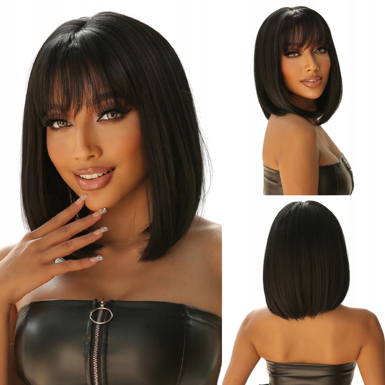 Peruka Damska czarna bob z grzywką jak naturalne włosy czepek