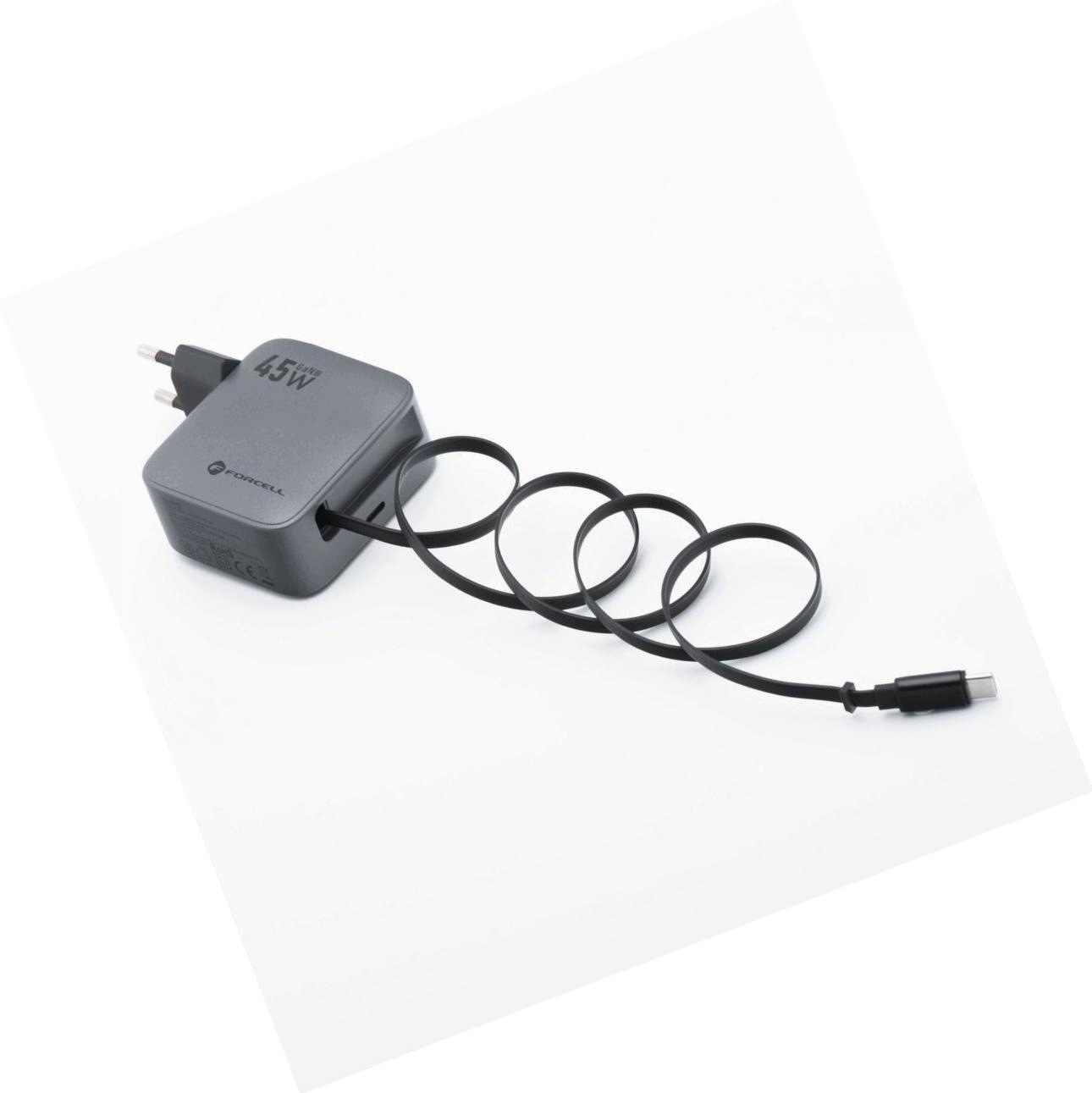 Ładowarka GaN 45W zwijanym kablem 65cm szara Usb-c do iPhone 15