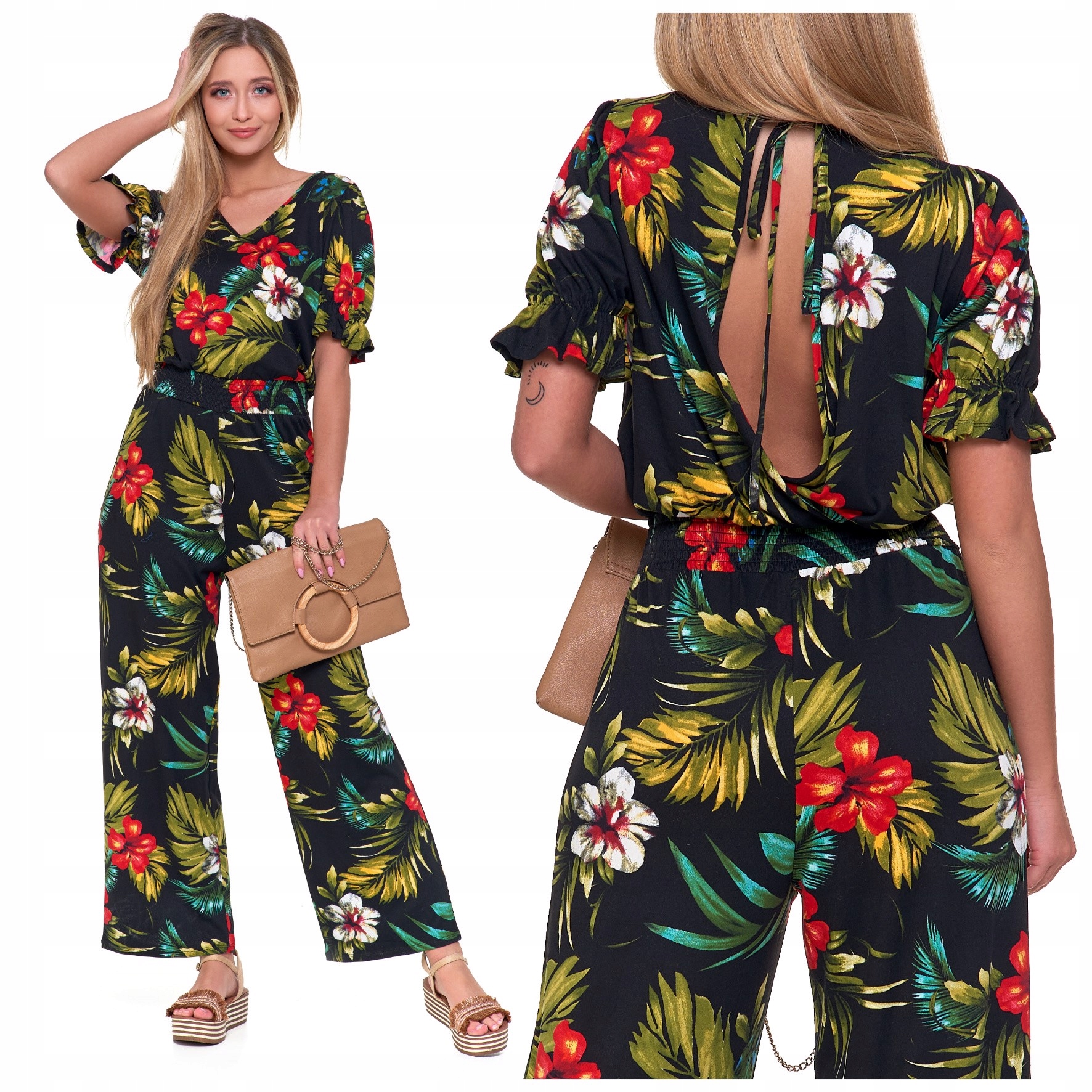 KOMBINEZON DAMSKI LETNI Z KRÓTKIM RĘKAWEM DŁUGIE SZEROKIE NOGAWKI MORAJ XL