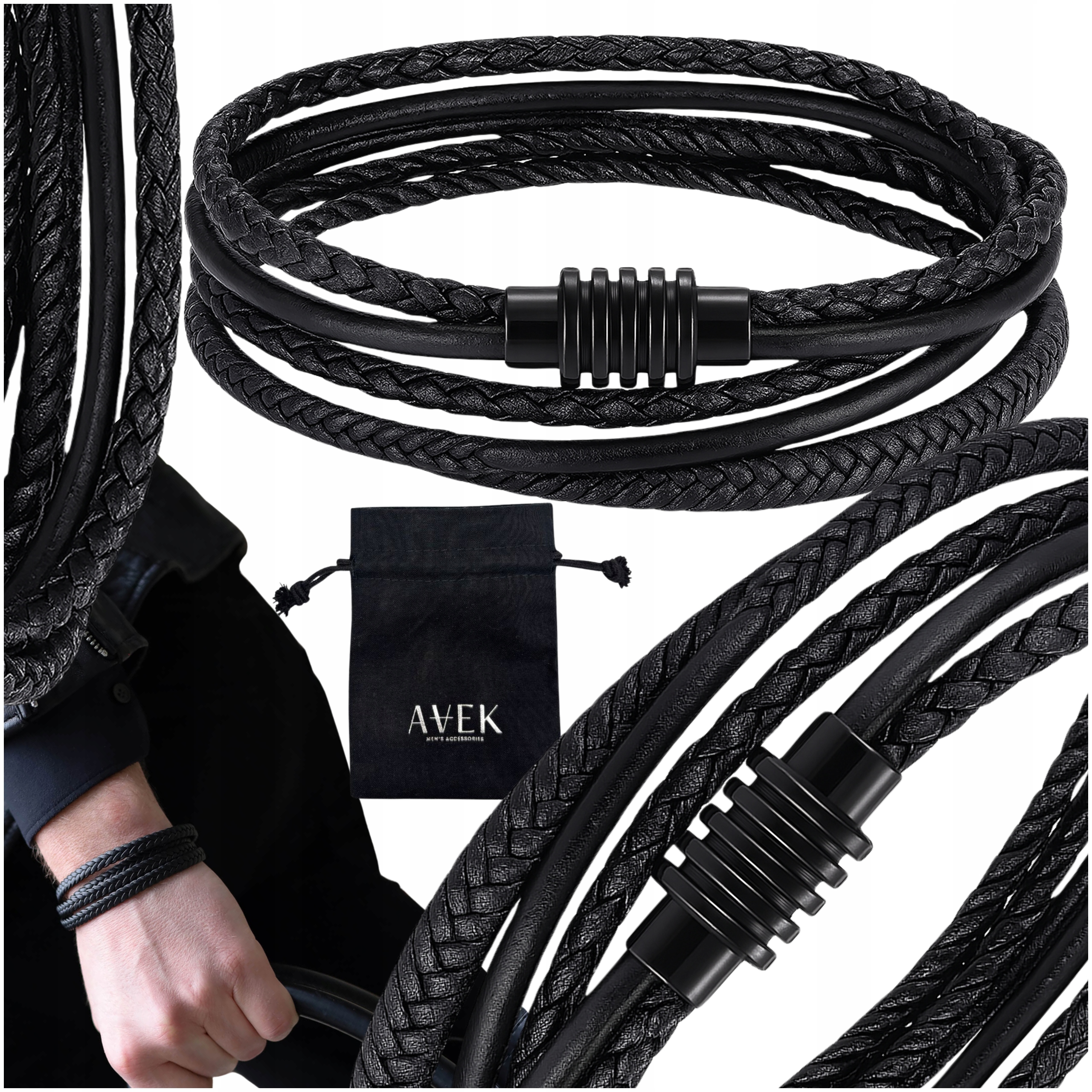 Pánský Náramek Dvouvrstvý, Kožený, Černá Ocel Jako Dárek, Tlustý 21 CM