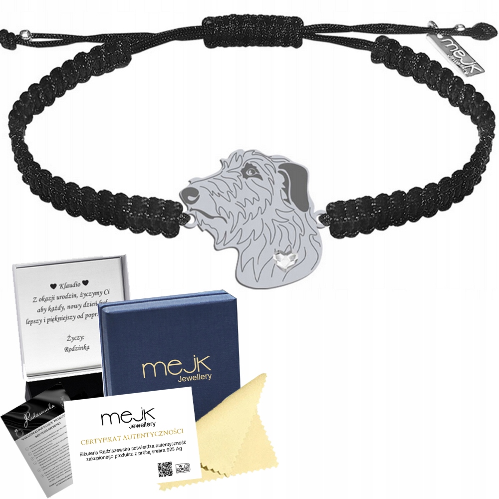 Stříbrný náramek se psem Skotský chrt 925 Makramé Dárek Gravírování Bonus